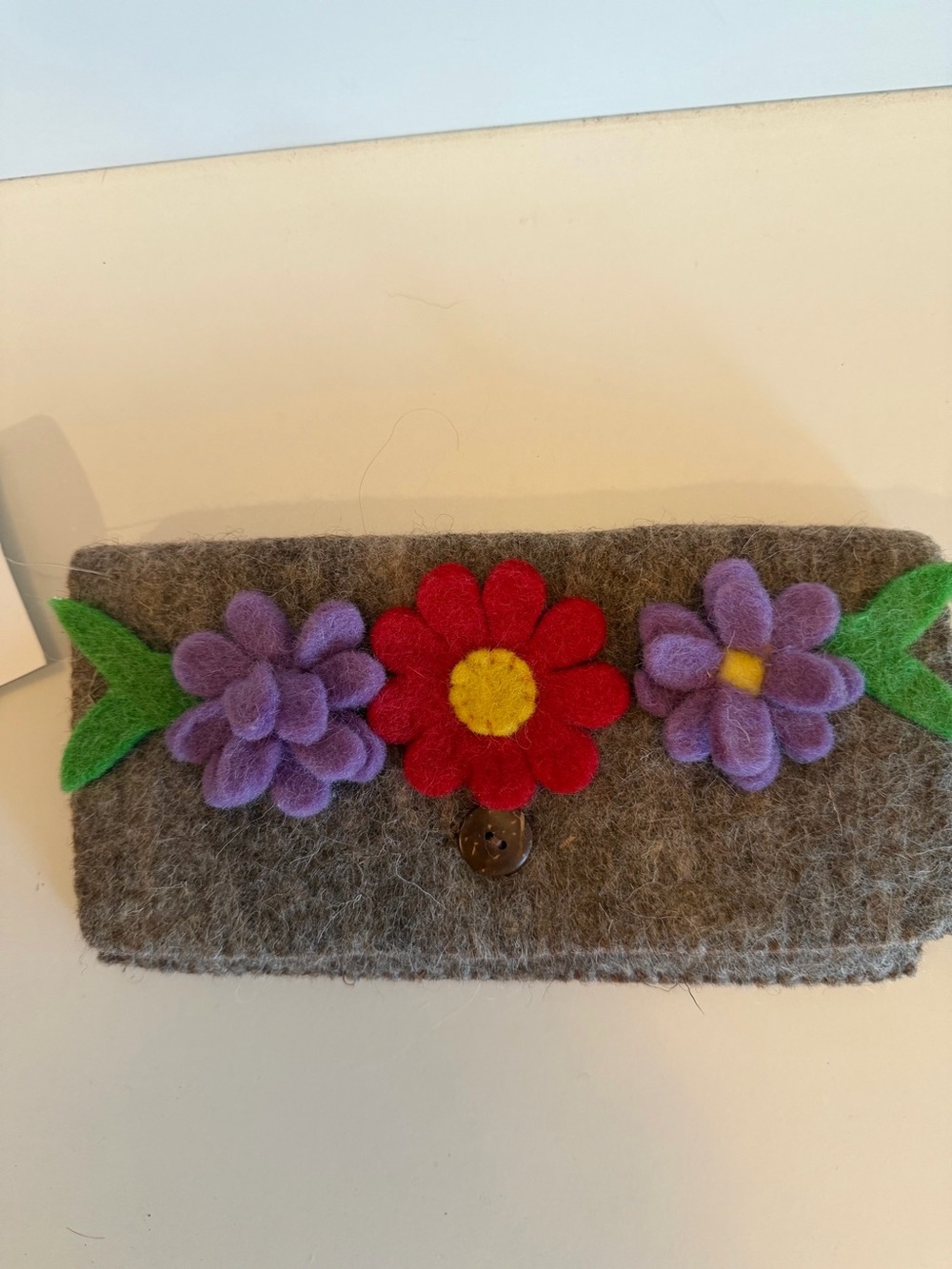 Handmade Felted Wool Floral Clutch Wallet Grey Purple Red Flower Button Closure